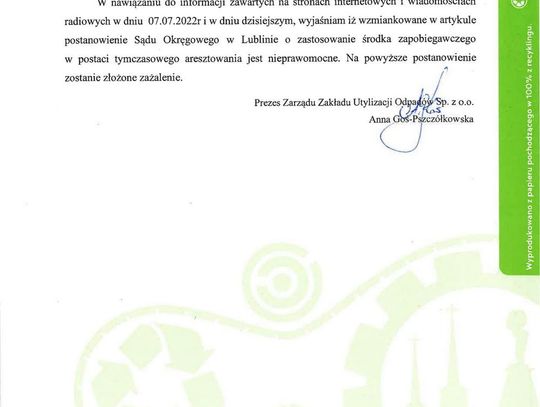 Oświadczenie Prezes Zarządu ZUO w Siedlcach