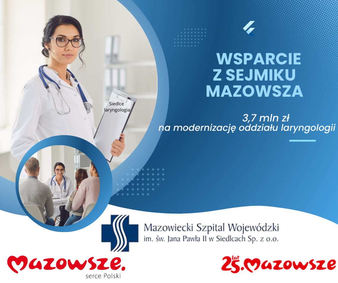 Modernizacja oddziału laryngologii dzięki wsparciu finansowemu z Sejmiku Mazowsza.