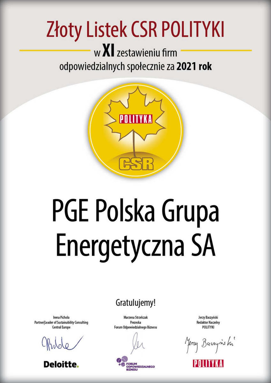 PGE uhonorowana Złotym Listkiem CSR POLITYKI