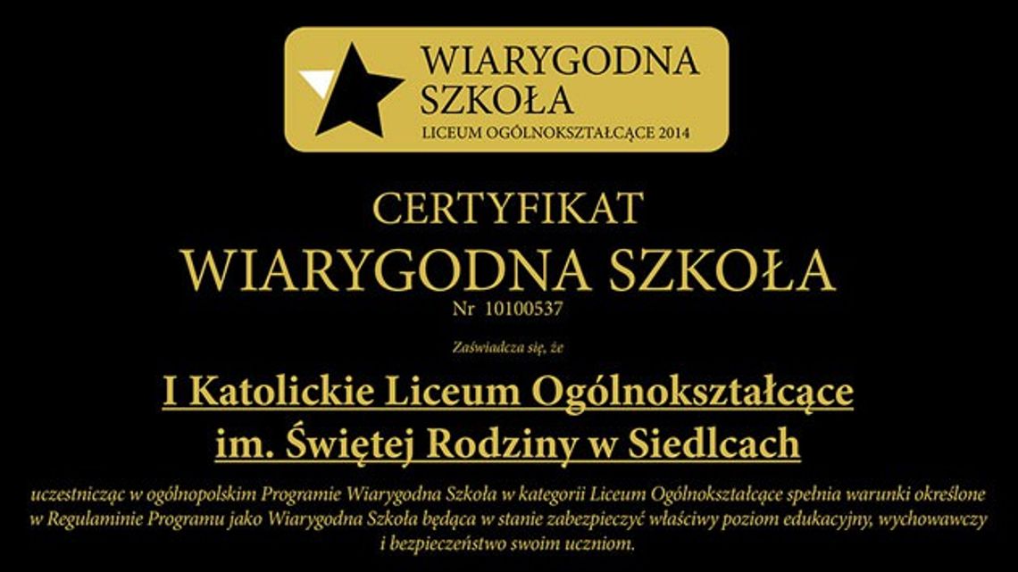 Wiarygodna Szkoła - I Katolickie Liceum Ogólnokształcące